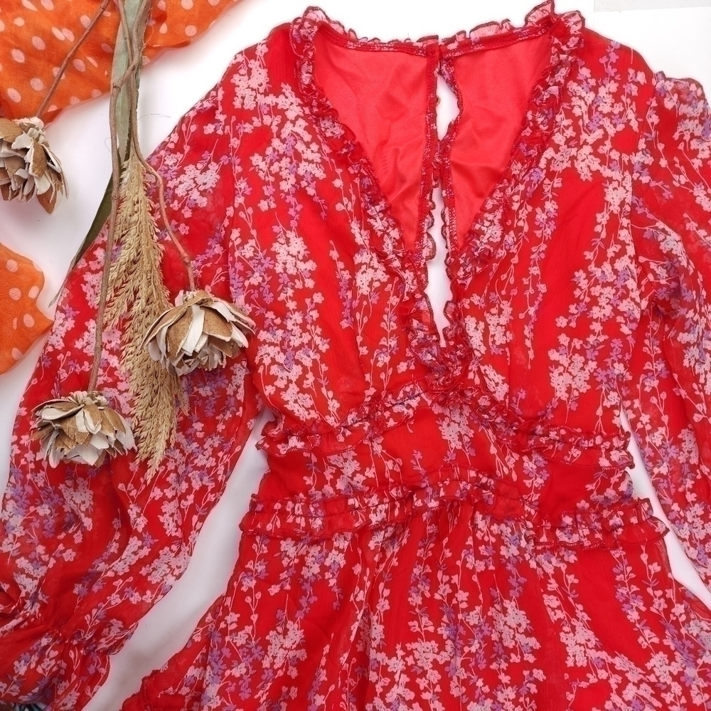 Red Pink Floral Boho Gorgeous Keyhole Back Dress Size M - Picture 6 of 14